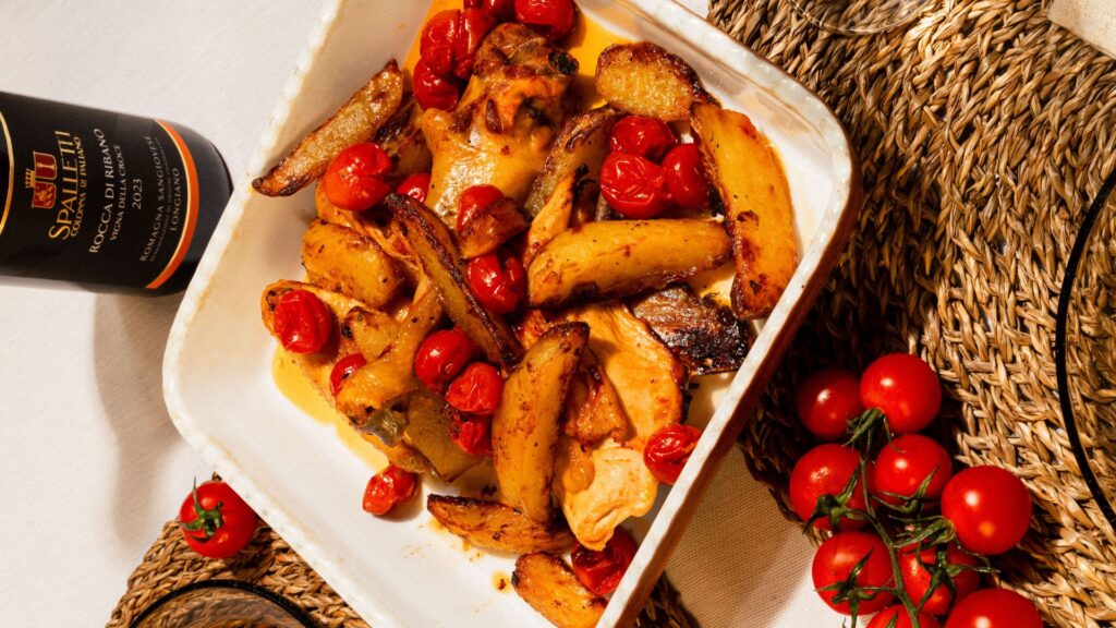 Gallo alla cacciatora con patate croccanti