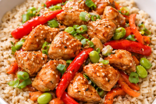 Bocconcini di pollo all'orientale con riso integrale