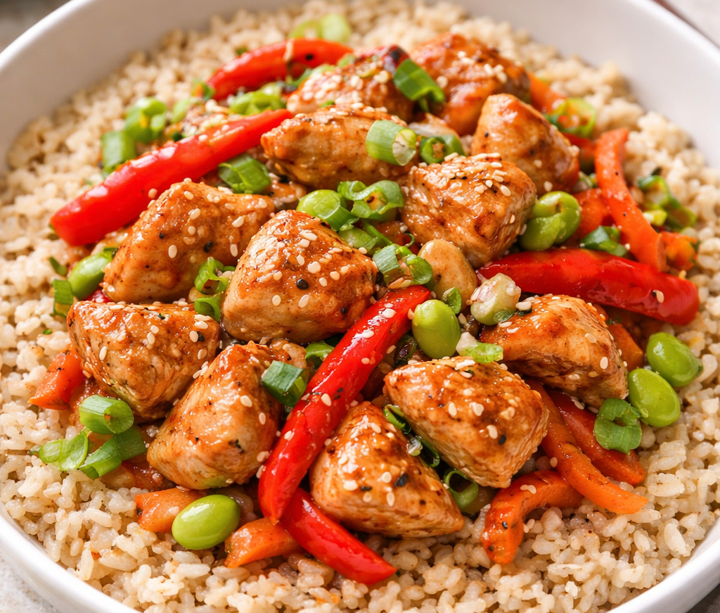 Bocconcini di pollo all'orientale con riso integrale